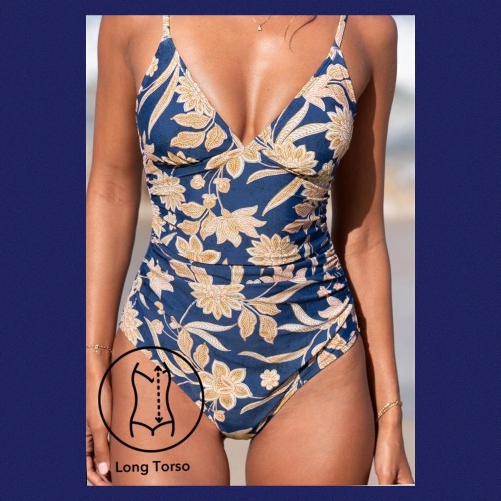 Blue background with peach big flowers, one piece swimsuit. 7